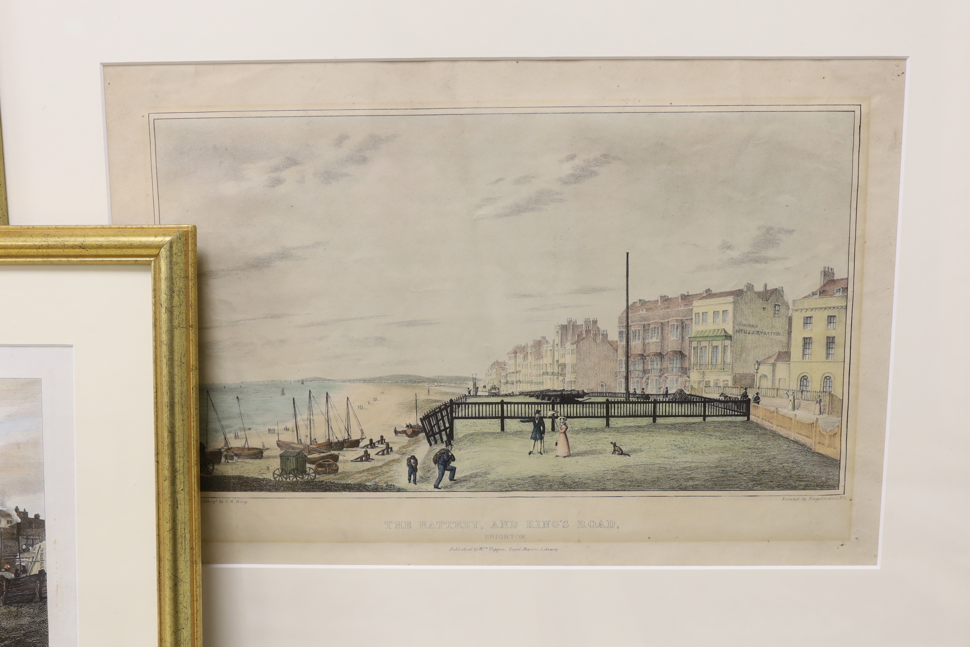 Seven 19th century engravings and prints of Brighton views, some hand coloured, including after M Jones, East Cliff, storm approaching, publ. C & R Sicklemore, one after C W Wing, The Battery and Kings Road, Publ. Willia